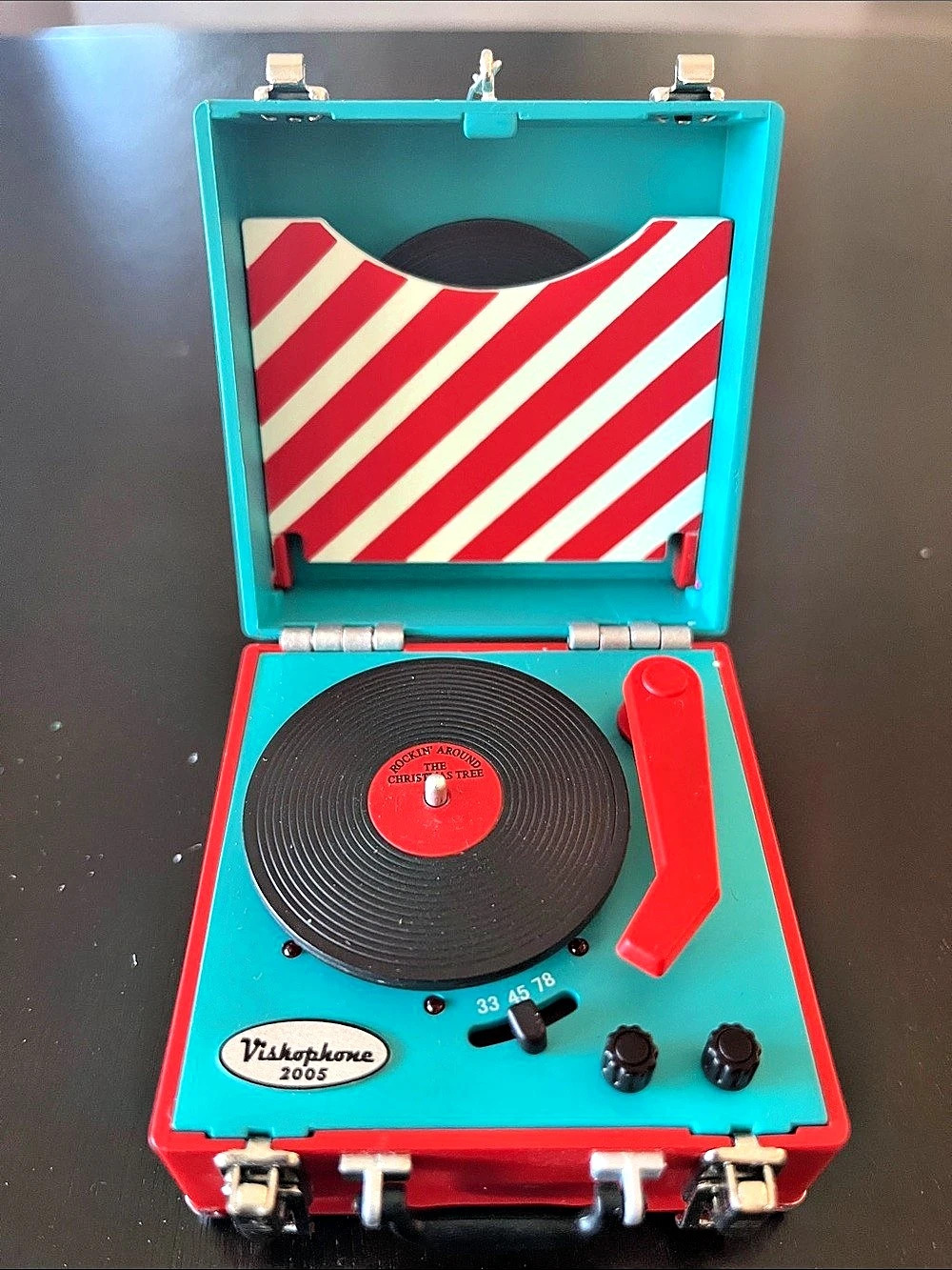Victrola Rockin' With Santa Vintage Portable Record Player in Turquoise & Red